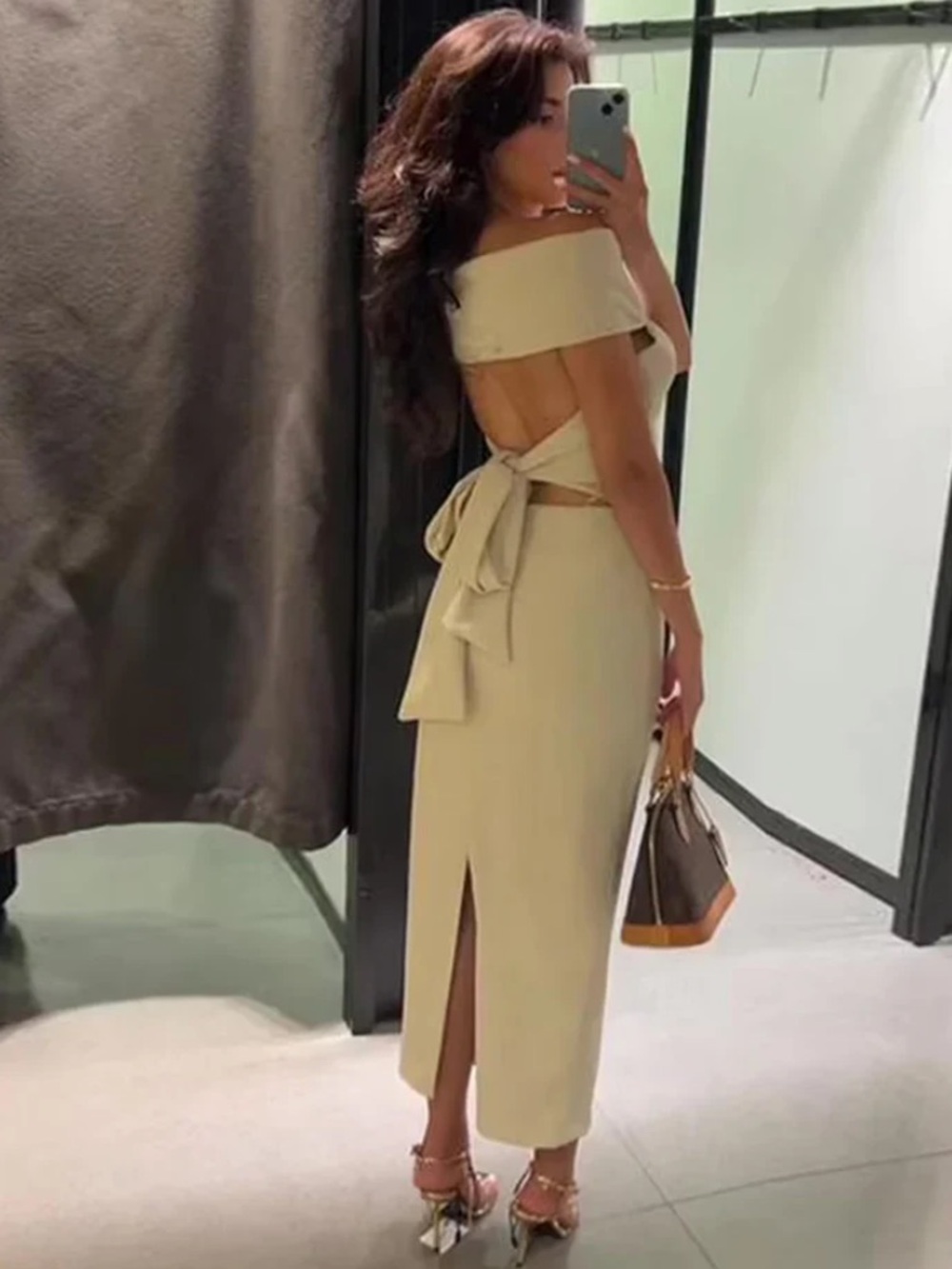 Zara Cream Off-Shoulder Midi Dress with Back Tie
